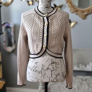 J. Crew Sold Out Cream Cropped Cable Knit Sweater Jacket with Black Trim Medium